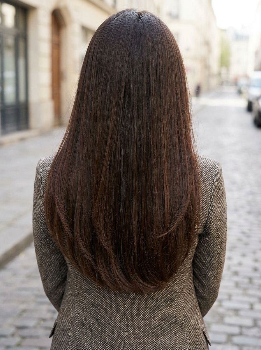 Lange glatte Haare mit subtilen Stufen - Stufenschnitt hinten